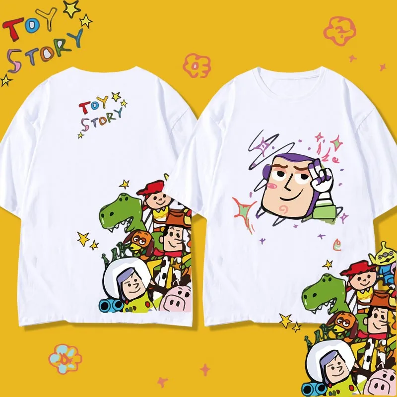 

Disney Toy Story Short Sleeve Men's American Cartoon T-shirt Buzz Lightyear Woody Fork Three Eyes Clothes