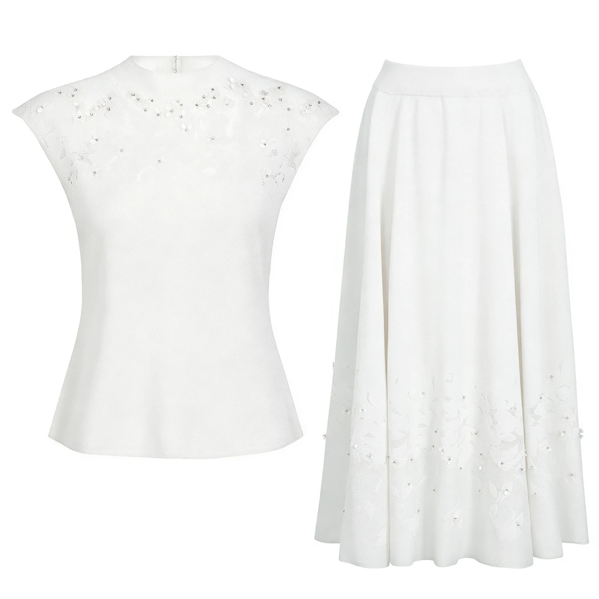 26234 Summer Women Commuter Two Piece Outfit Sleeveless 3D Glitter Knit Top And Skirt Elegant Versatile Knitted Matching Suit