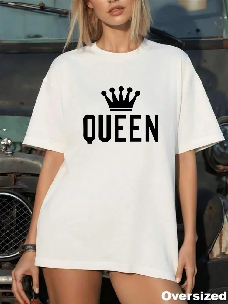 Damen Oversize T-Shirt mit Queen-Print, Kurzarm, O-Ausschnitt, Baumwolle, Frühling Sommer, Alltag, Casual, Modisch, Weiches Oberteil, Damenbekleidung