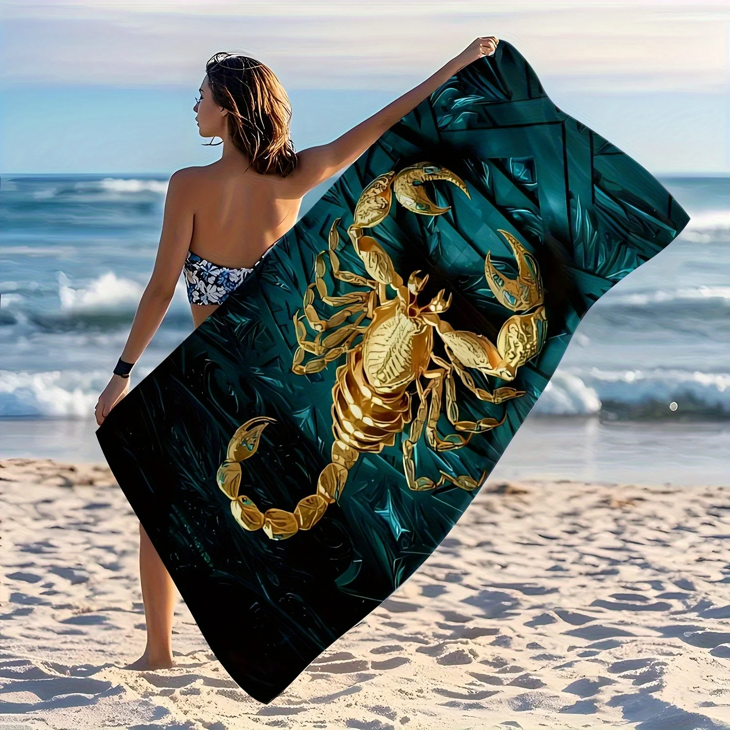 Golden Scorpion Beach Towel - Large Quick-Dry Microfiber, Sand & Sun Protection, for Swimming, Yoga, Modern Cartoon Design
