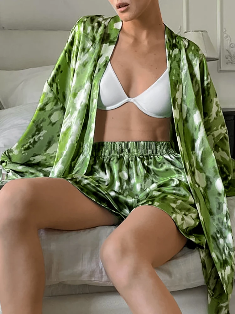 Hiloc Loose Women\'s Home Clothes 2 Piece Sets Green Print Long Sleeve Sleepwear Female Casual Suits With Shorts Autumn Fashion