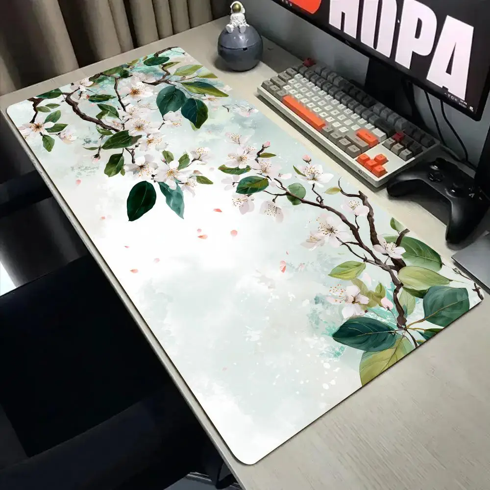 Beautiful white flowers Mouse Pad Desk Mat with Stitched Edge XXL Mousepads Rubber Anti-slip Gamer Keyboard Rug Gaming Mats