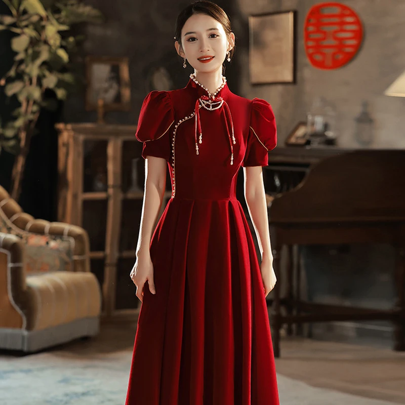 New Chinese Style Red Velvet Qipao Engagement Wedding Bridal Dress Traditional Mandarin Collar Cheongsam Oversize 3XL Vestidos