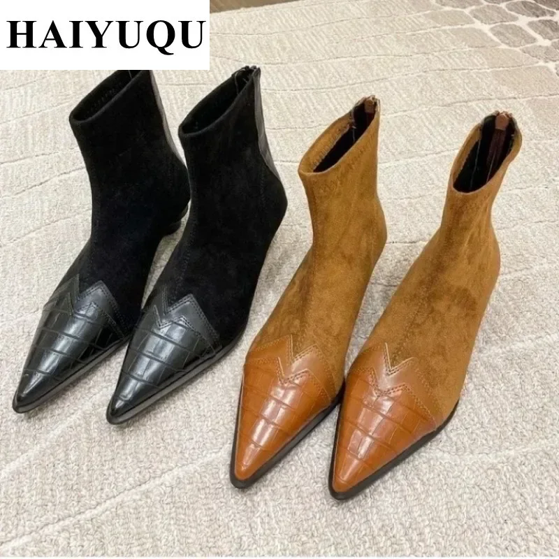 Pointed Toe Women Ankle Boots Fashion Heels Shoes Autumn Winter 2024 Trend Suede Chelsea Short Boots New Brand Snow Botas Mujer