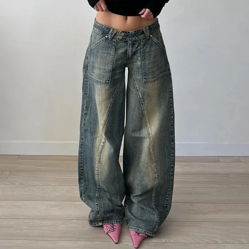 Denim Irregular Jeans America Sexy Cotton Distressed Split Line Pants Girl Retro Casual Low Waist Loose Versatile Wide Leg Pants