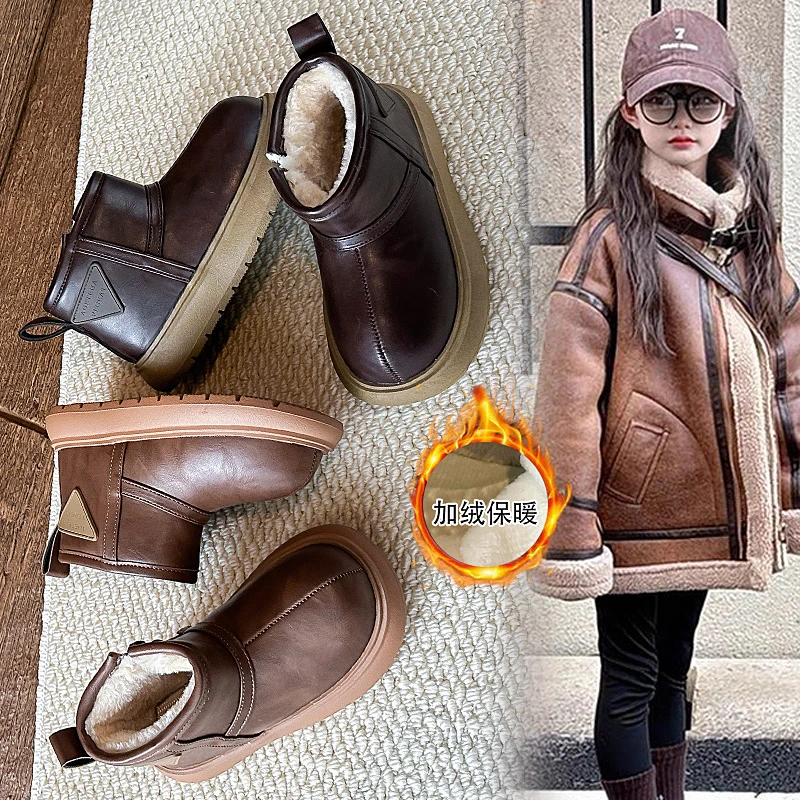 أحذية ثلج للأطفال مصنوعة من الجلد المقاوم للماء بين الوالدين والطفل للأولاد والبنات، أحذية قطنية سميكة دافئة وقطيفة بنعال سميكة