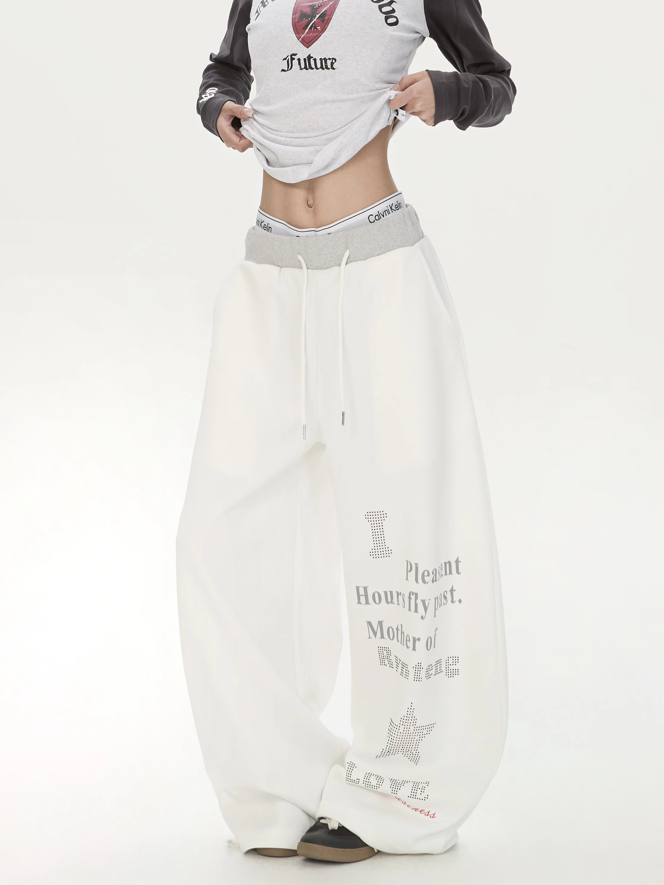 

American Original Street Dance Wide Leg Spor Sweatpants ex Casual Long Trousers Rhinestone Decoration l Waist