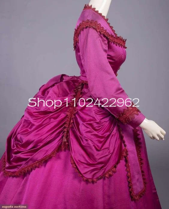 Magenta Wool Sateen Evening Gown Long Sleeve Silk Stain Lace Applique Ruched Ruffles Skirt Victorian History Prom Dress