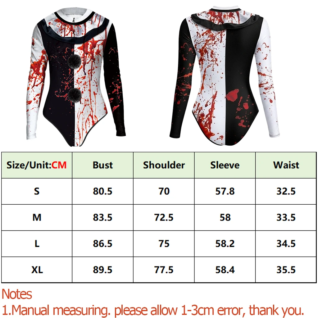Horror Clown Costume Womens Black White Blood Splatter 3D Print Long Sleeve Front Zipper for Halloween Carnival Cosplay Outfit view 6