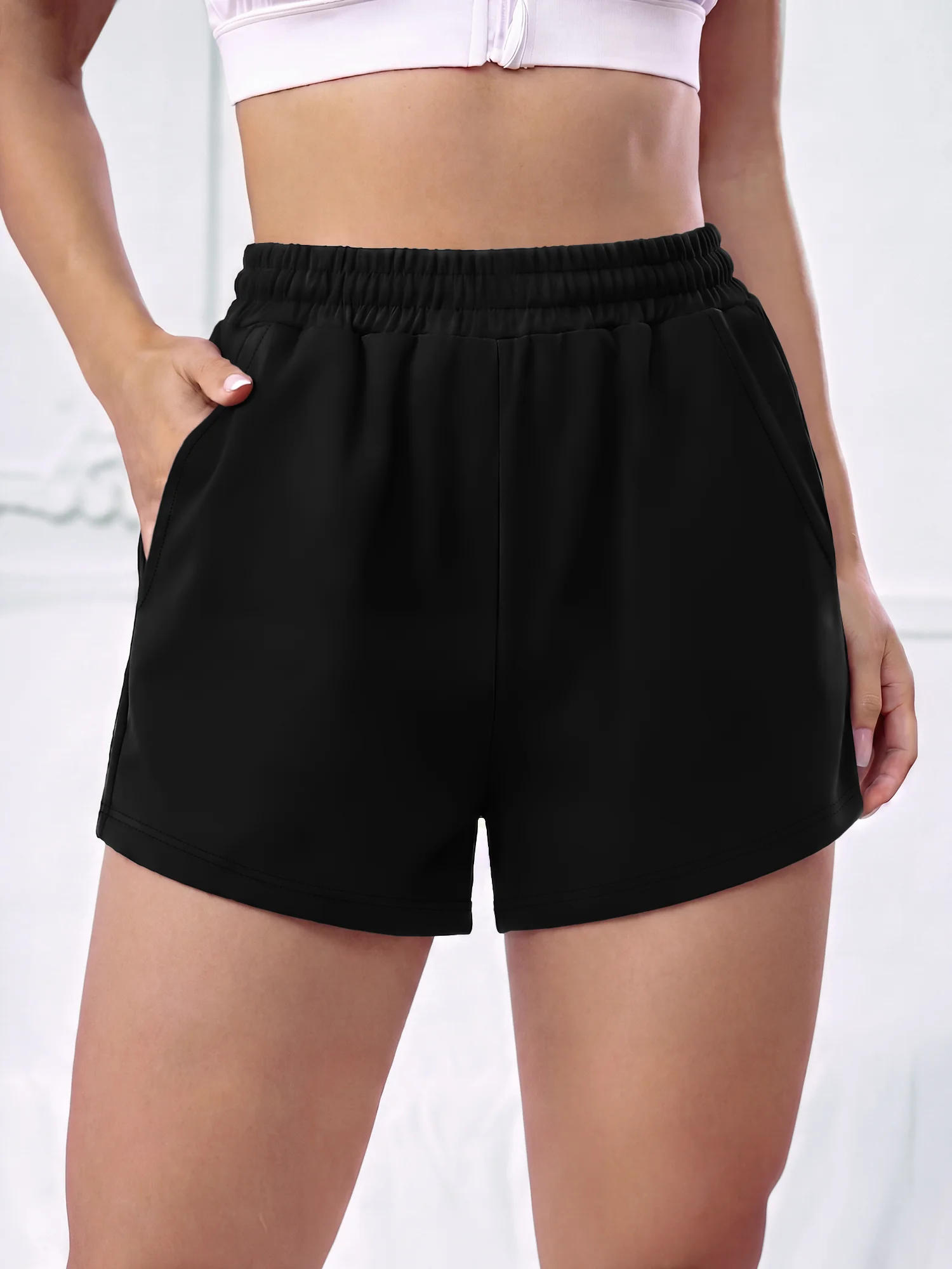 Smart Casual Commute Shorts, Elastic Drawstring Waist Pocket Bottoms for Light Office Errands