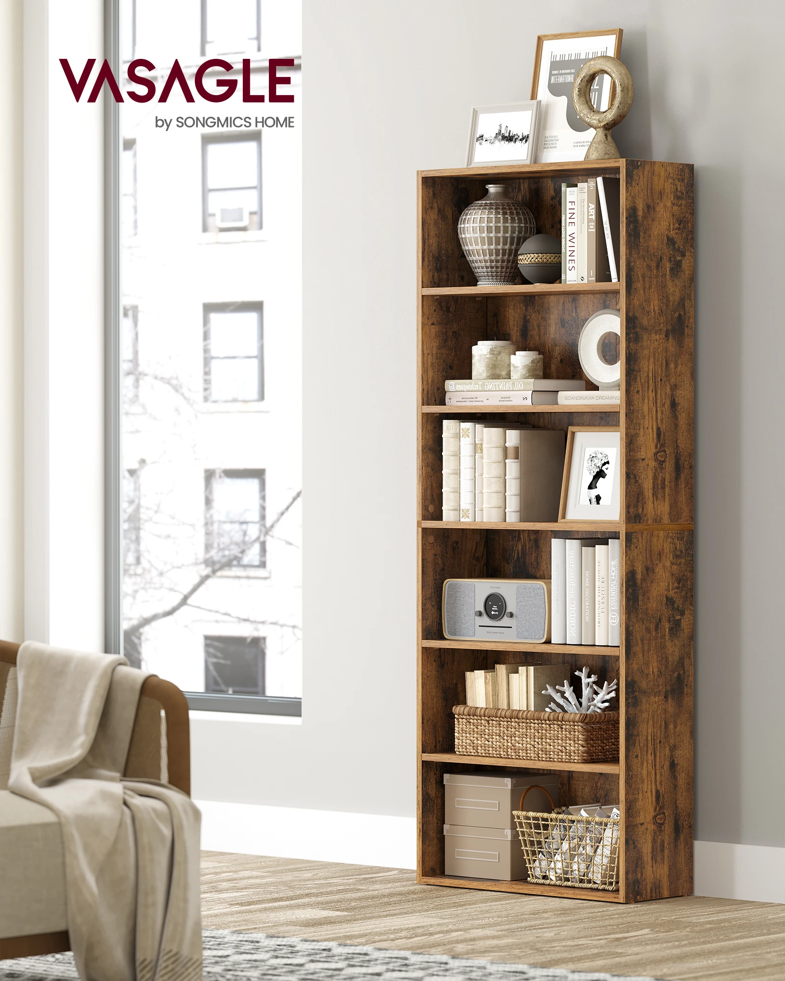 VASAGLE Bookshelf, 23.6 Inches Wide, 6-Tier Open Bookcase with Adjustable Storage Shelves, Floor Standing Unit