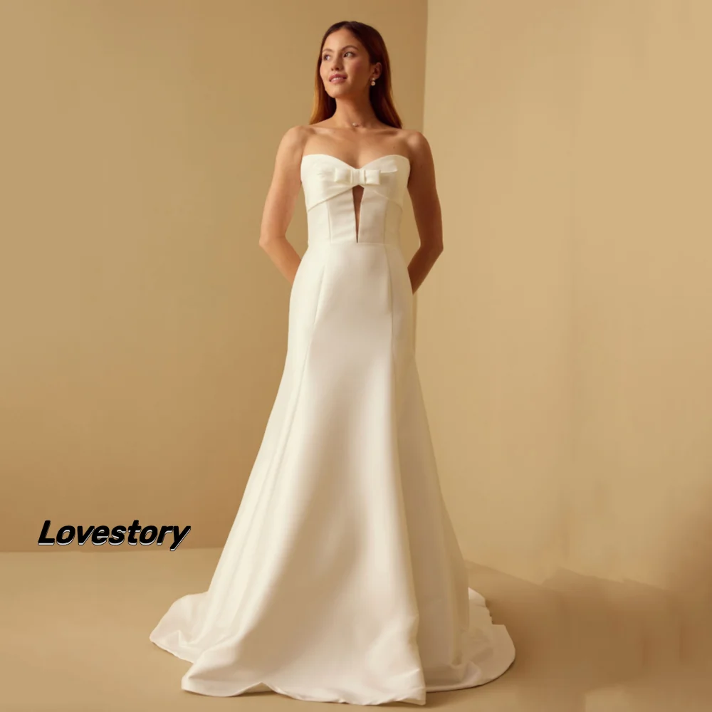 

Customized Satin Wedding Dresses Elegant Sheath Bow Bride Robe Strapless Button Modern Bridal Gowns New Vestidos De Noiva