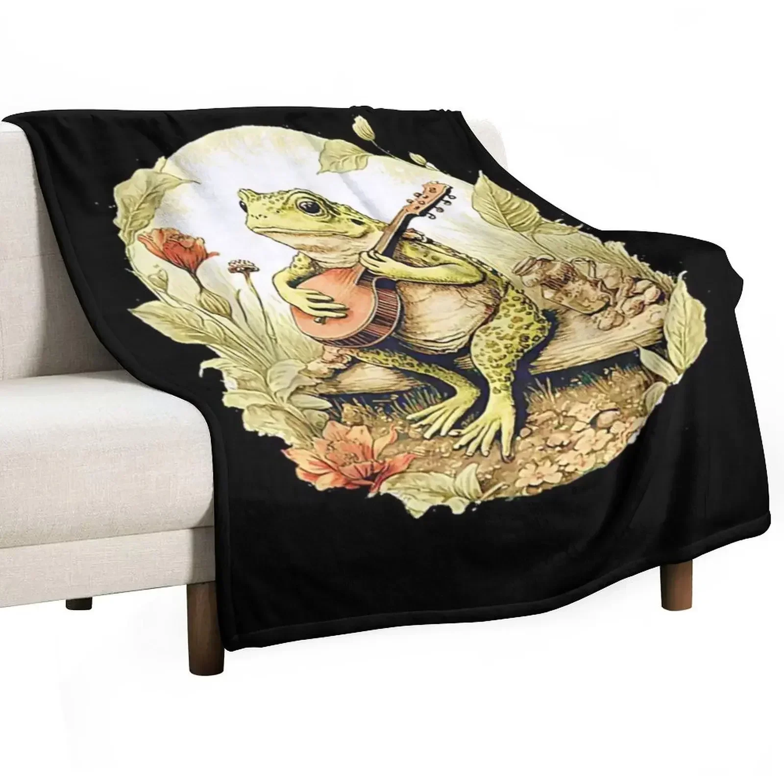 Frog Playing Banjo On Log, Funny Cottagecore Aesthetic Frog With Musical instrument Throw Blanket heavy to sleep anime Blankets