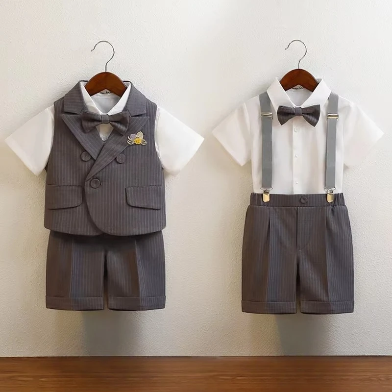 Boys Strap Pants Suit Fashion Gray Stripe Kids Weddings Blazers Set 2-12 Years Children School Uniform Toddler Birthday Outfits