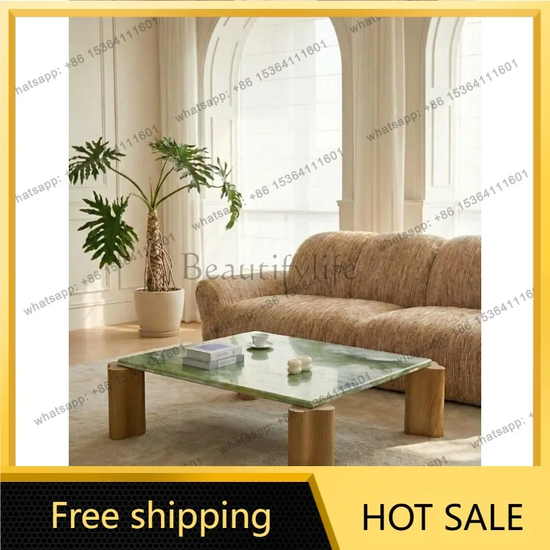 YJ New‑Chinese‑Style Square Coffee Table Marble‑Top Solid‑Wood‑Legs Designer‑Style For Modern Home Living Room
