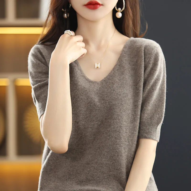 Hot Sale 100% Wool Cashmere Women\'s Sweaters And Pullovers Autumn Female V-Neck Clothing Short SLeeve Soft Jumper Tops Spring