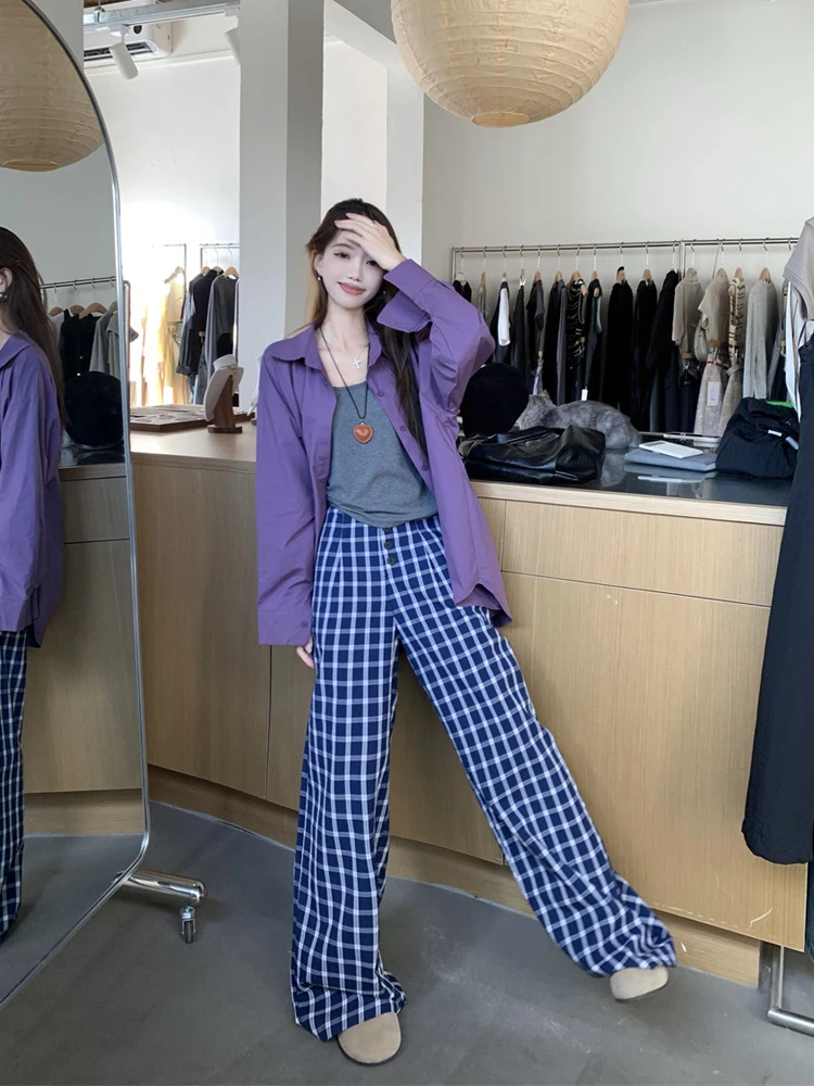 

Женский весенний модный комплект: рубашка с длинным рукавом, жилет на бретелях, брюки в клетку с широкими штанинами, повседневный стиль, новинка весеннего сезона, комплект из трех предметов