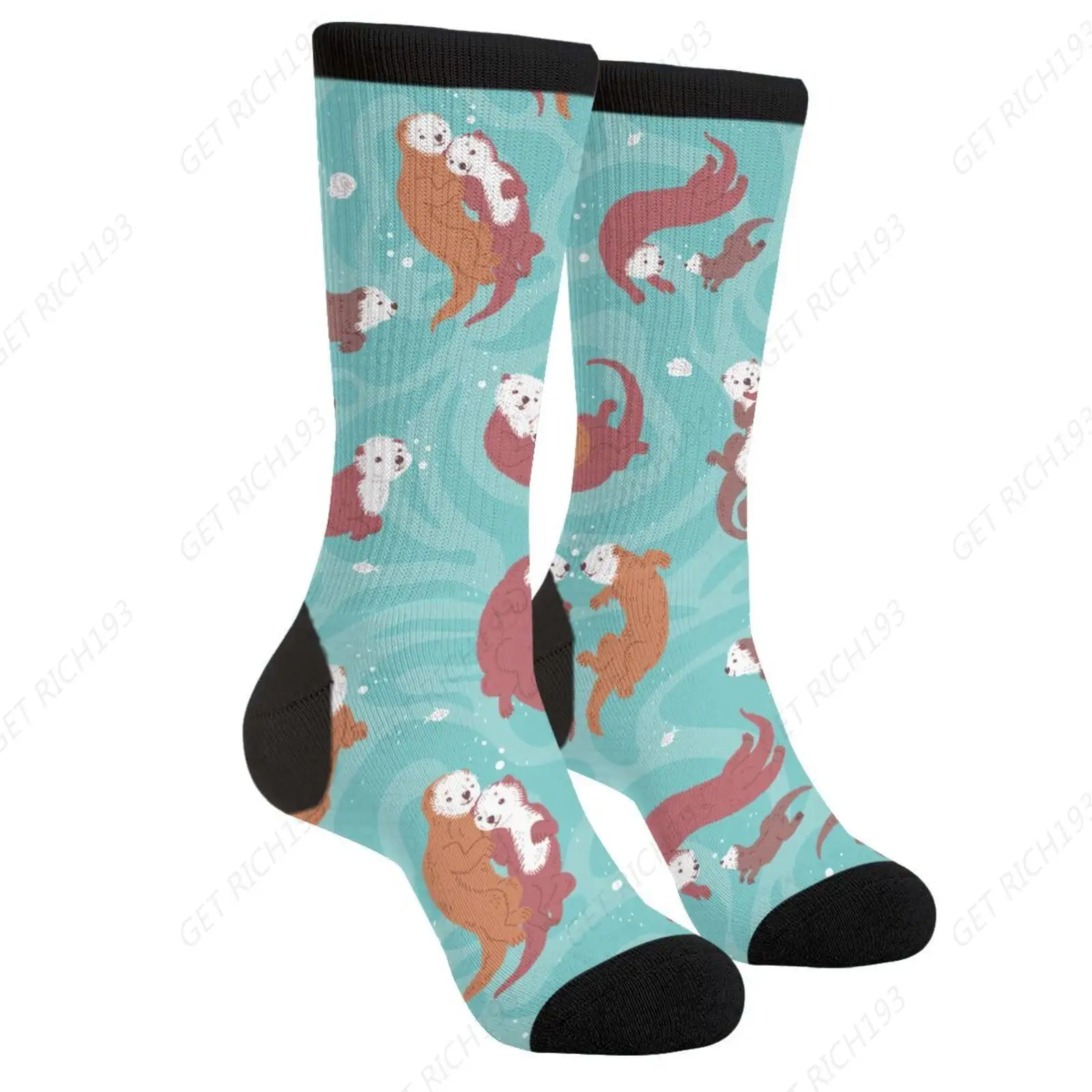 Cute Sea Otters Lovely Family In Blue Water Swiming Hugging Marine Mammals Casual Funny Funky Novelty Socks For Men Women