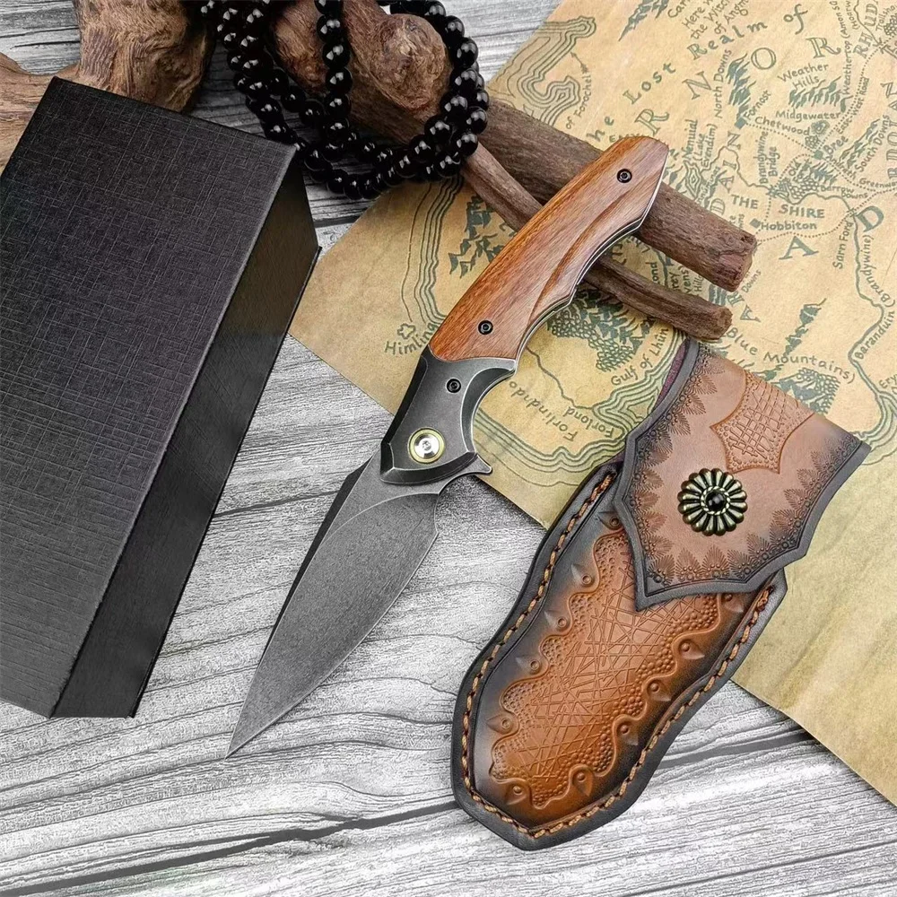 Folding Pocket Knife Uzbek Steel Blade Sandspit Wood Handle with PU Leather Sheath Outdoor Hunting Camping Hiking Tool