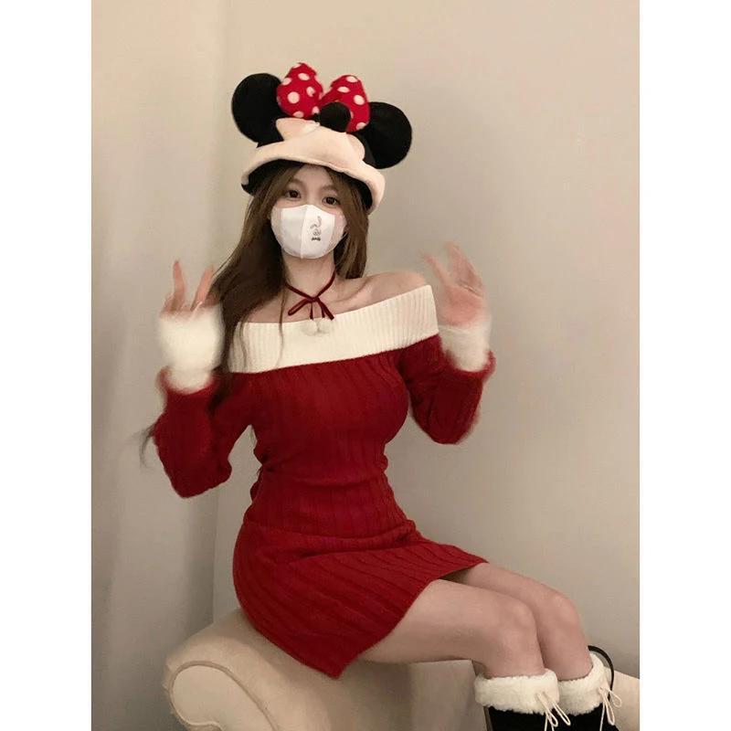 Rough Edges Winter Knitted Dresses For Women 2023 Christmas Series Cosplay Santa Claus Outfits Costumes  Mini Dress Female