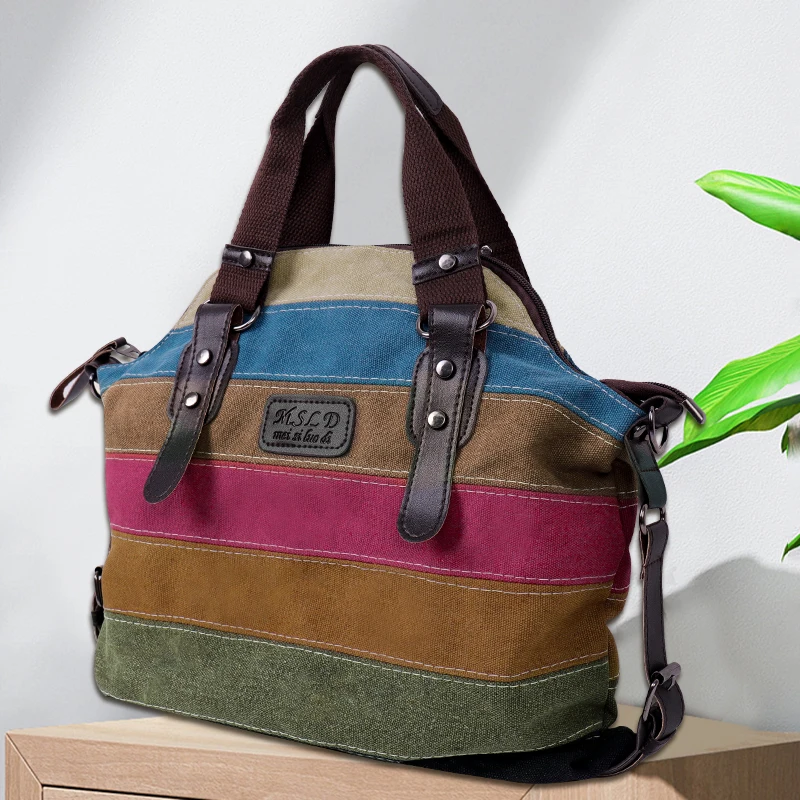 New Arrival Hot Ladies Fashion Handbag Patchwork Rainbow One Shoulder Canvas Messenger Bag Large Capacity Travel Bag