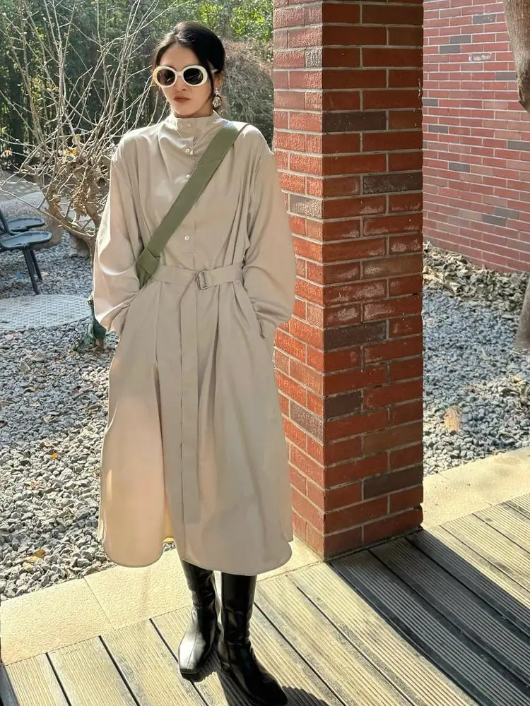 

Khaki Long Women's Faionable Coat DesiGar Commute OL Sle Straight Cut Sve Regular Material Other Long Sve round Ne