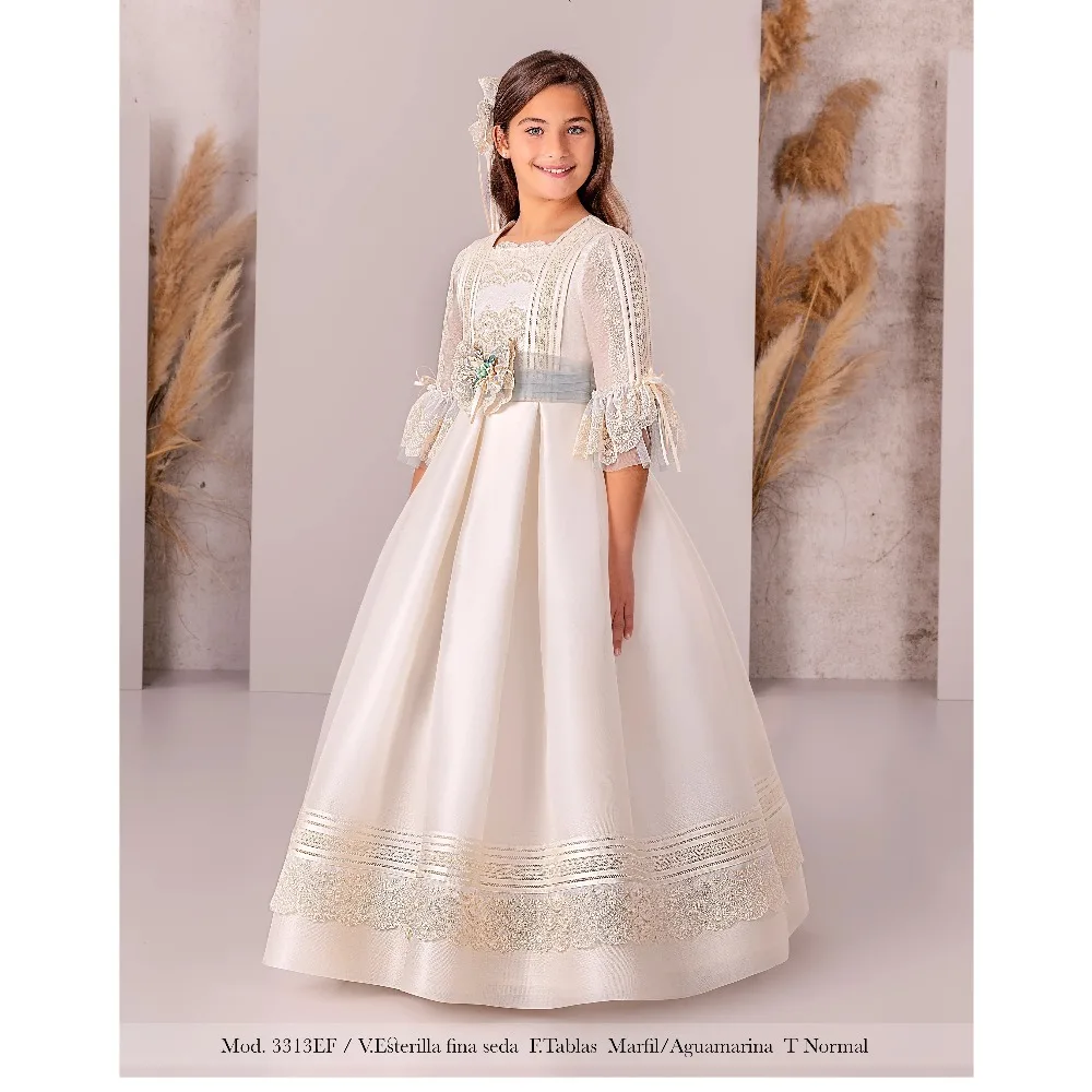 Maßgeschneidertes Drapiertes Blumenmädchenkleid für Hochzeiten 2026 A-Linie Schleifenband Ballkleid mit Spitze Quadratischer Ausschnitt A-Linie Prinzessinnen-Kinderkleid