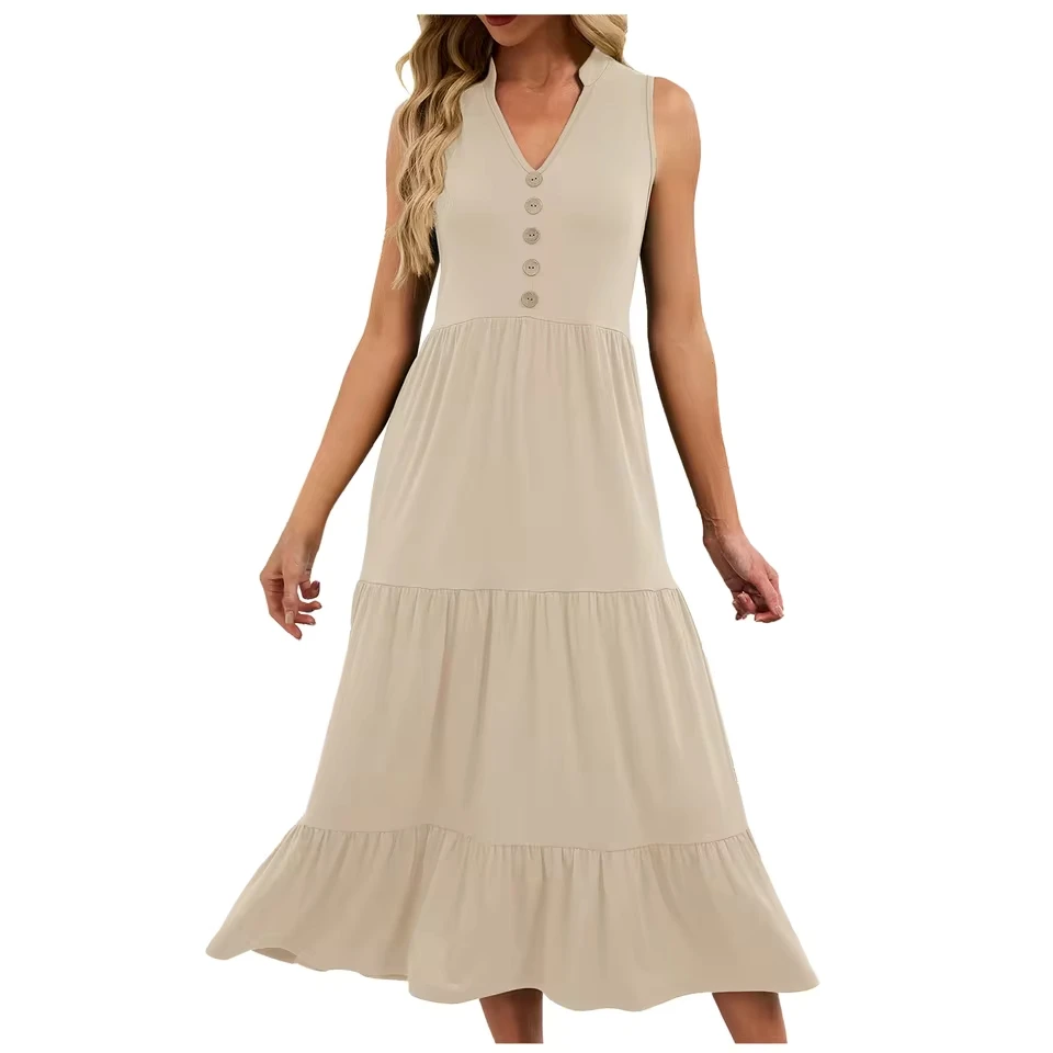 

Women Spring And Summer Casual Solid Color V Neck Button Sleeveless Long Dress Beach Baggy Sundress