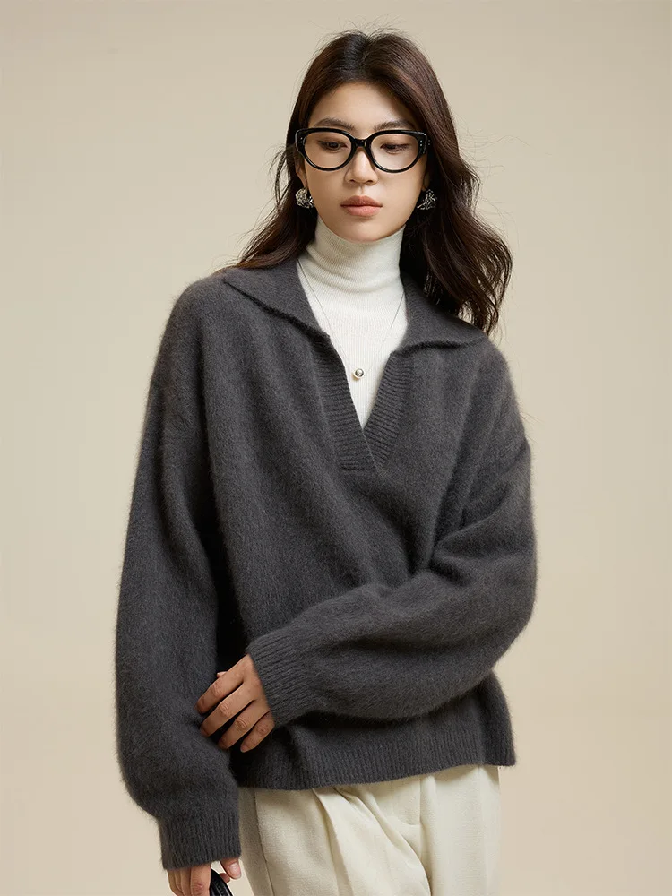 Birdtree,30.2% Sheep Wool Knitted Polo Neck Sweater,Woman Lapel Full Sleeve Solid Knitwear,2025 Autumn Loose Pullover T59926JF