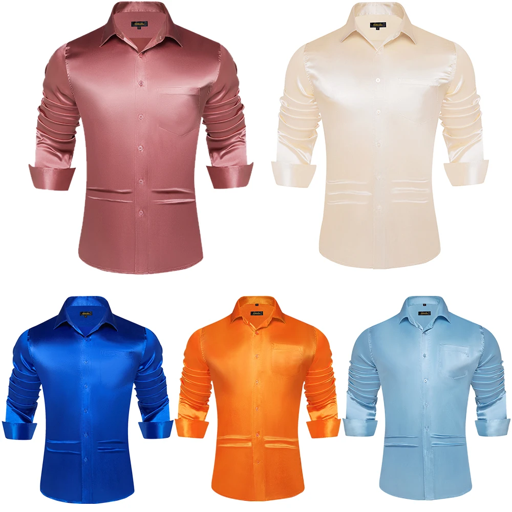 Men Shirt Satin Smooth Pink Beige Blue Red Green Solid Long Sleeve Turn Down Collar Shirt for Wedding Prom Dancing Performence