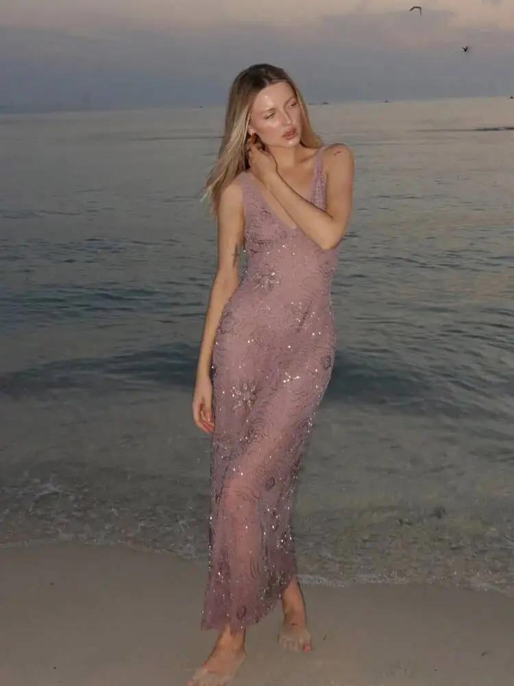 

Women Fashion Sexy Deep V-Neck Sleeveless Backless Midi Woman Summer Beaded Decoration Hem Translucent Party Dress