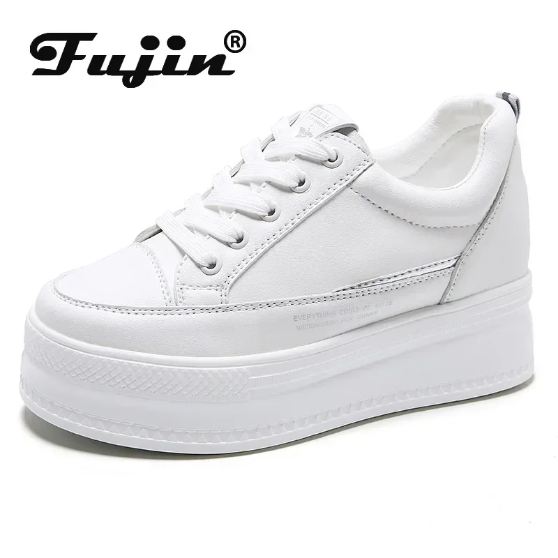 Fujin 8cm Leather Microfiber Women Casual Shoes Platform Wedge Hidden Heel Summer Shoes Platform Chunky Sneakeers Fashion White