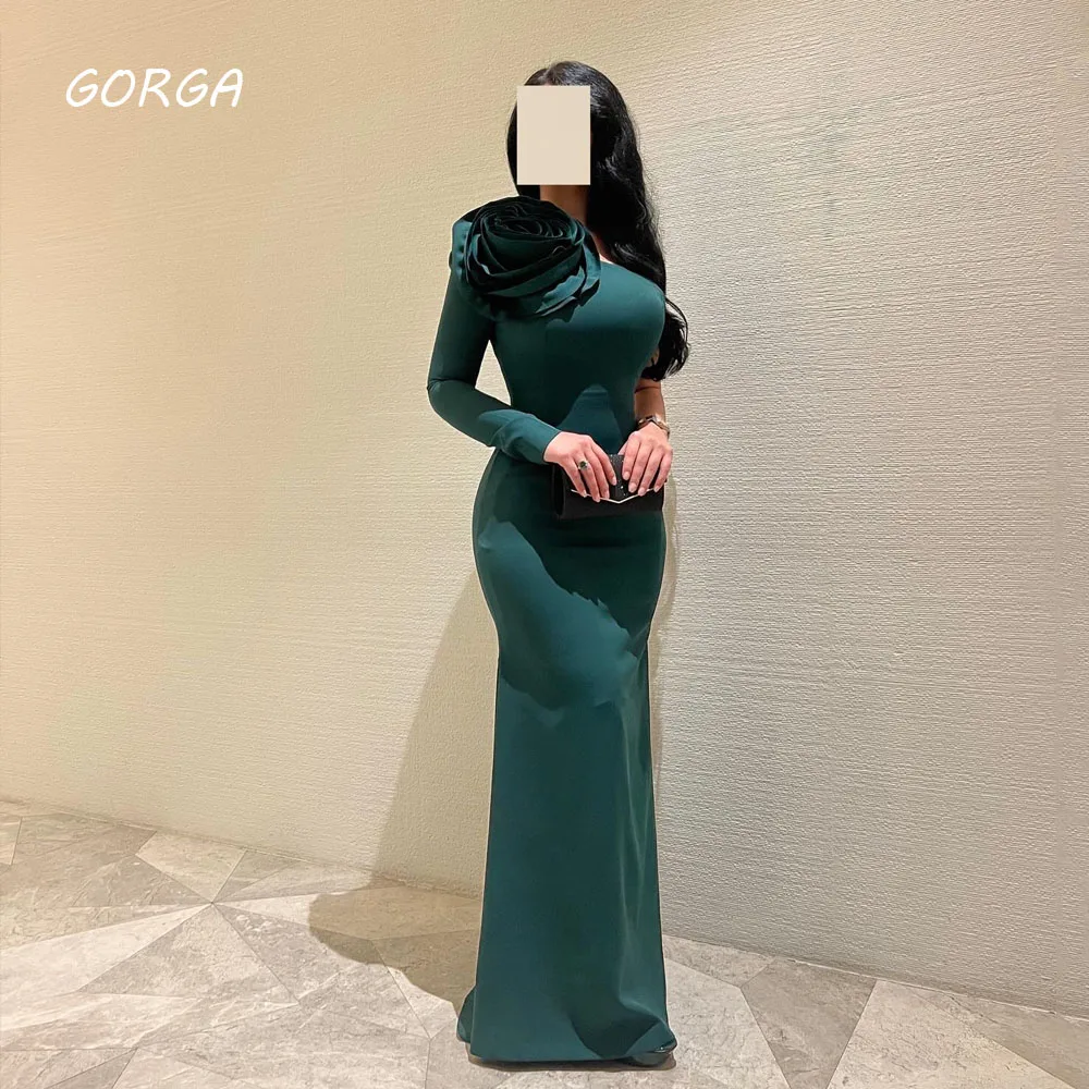 

GORGA Green One-Shoulder 3D Flowers Mermaid 2024 Slim Crepe Long Sleeve Ocassion Gown Floor-Length Formal Evening Dress