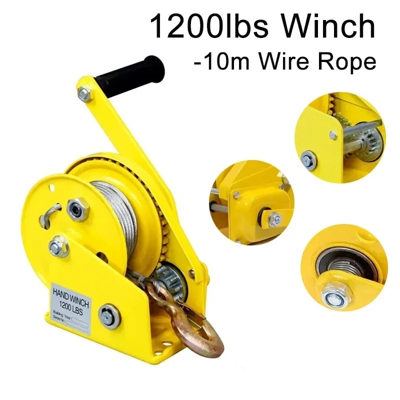 

1200 Pounds Wirerope Hand Operated Winch 10m Manual Traction Hoist Winch Crane Bidirectional Self-locking Small Portable Winch