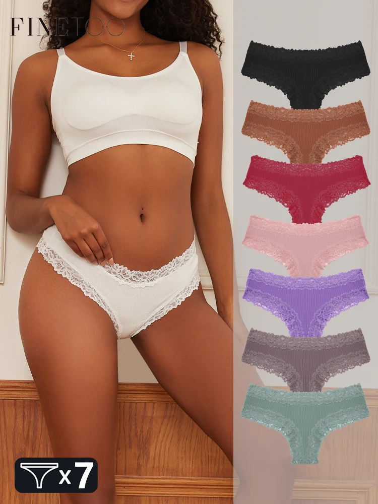 FINETOO 7 Stück Damen-Baumwollunterwäsche, Spitze, trendige brasilianische Höschen, niedrige Taille, gerippt, atmungsaktiv, Tangas, weicher G-String, Dessous, S-XL