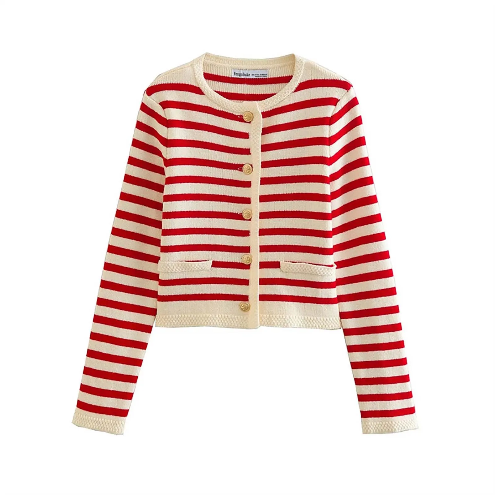 Women\'S Contrast Color Striped Cardigan Short Coat Round Neck Knitted Sweater Jacket Work Office-Lady Temperament Sweater Coats