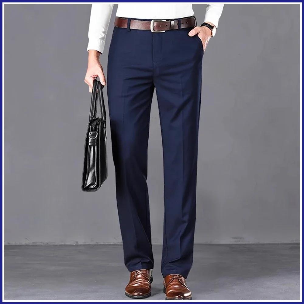 

New hight quality plus size solid color pants for men elastic office business trousers male black casual pocket pants