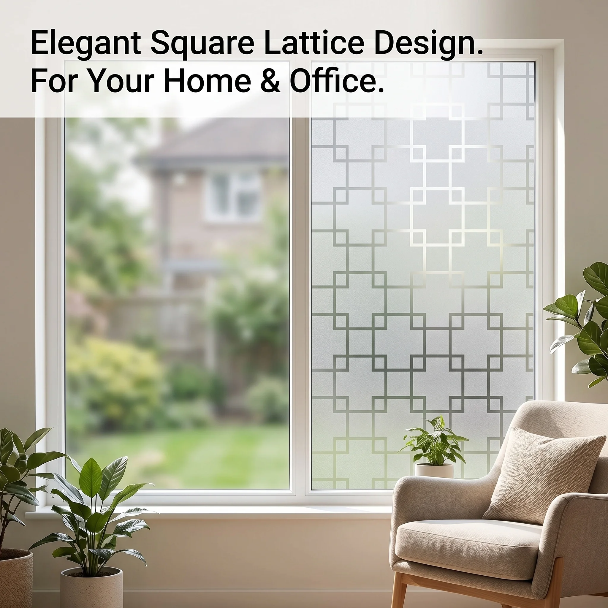 Self‑Adhesive Square Lattice Window Film Privacy Decorative Glass Sticker Anti‑Glare Removable PVC Window Film for Home Office