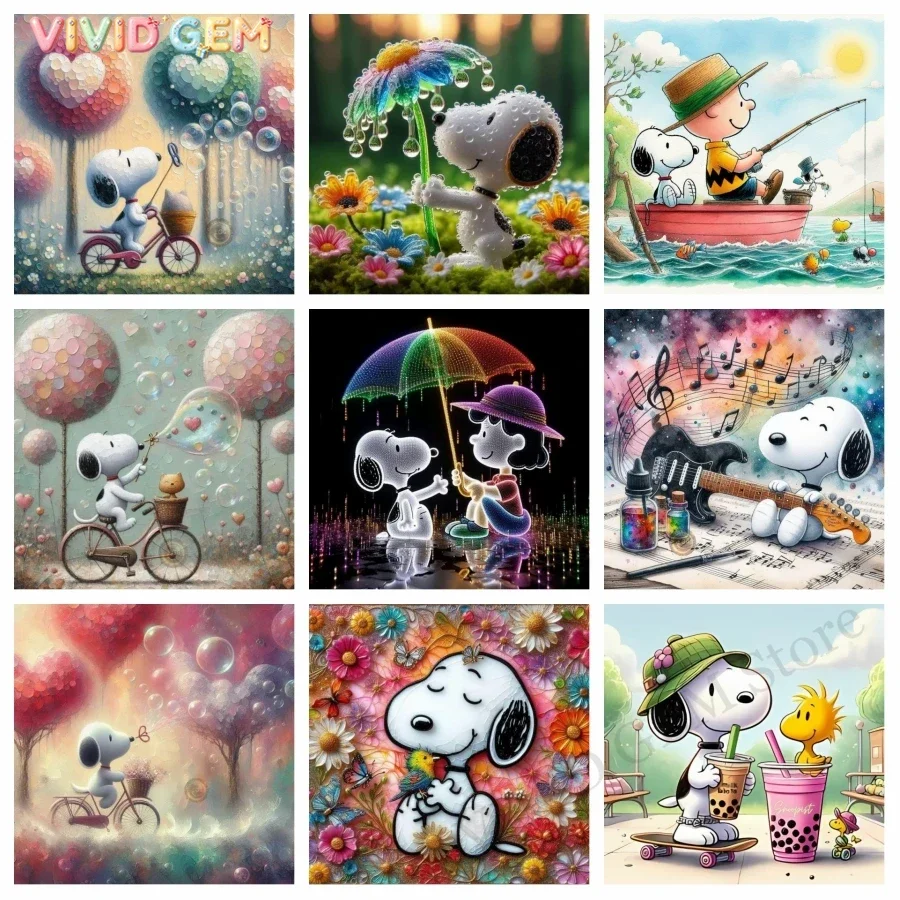VIVID GEM Cute Snoopy With Bubble Balloon Art 5d Diy Diamond Mosaic Painting Fantasy Flowers Embroidery Cross Stitch Room Dec