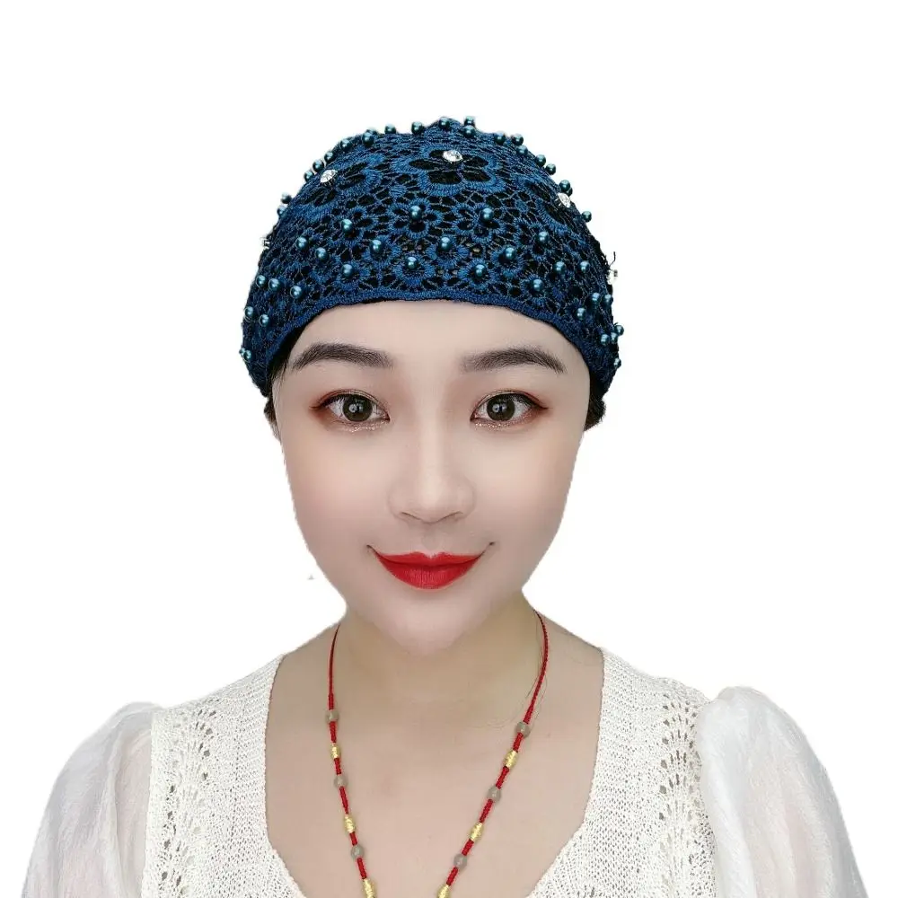 Fashion Flowers Baotou Hat Lace Beaded Muslim Cap Summer Embroidery Prayer Hat Women