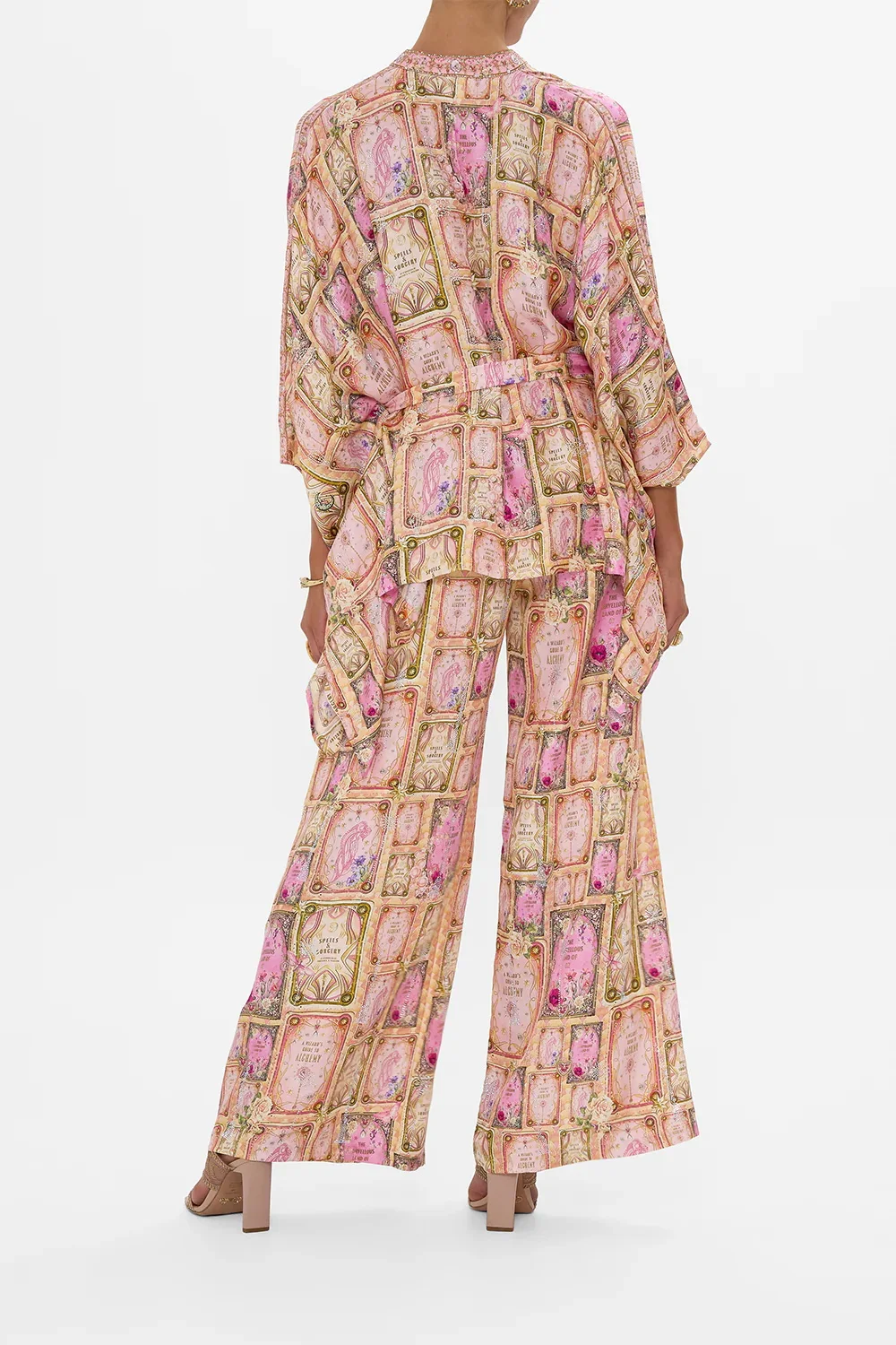 Crystal Beaded Women Pink Print Set Stand Collar Single Breasted Shirt + High Waist Straight Wide Leg Pants Elegant Silk Suits