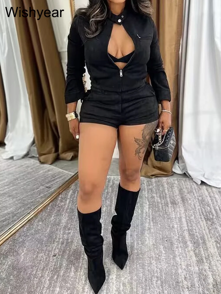 Hot Girls Fashion Moto Bike Suede 2-Piece Pants Set Women Hooded Long Sleeve Crop Jacket and Shorts Suit Night Club Outfits