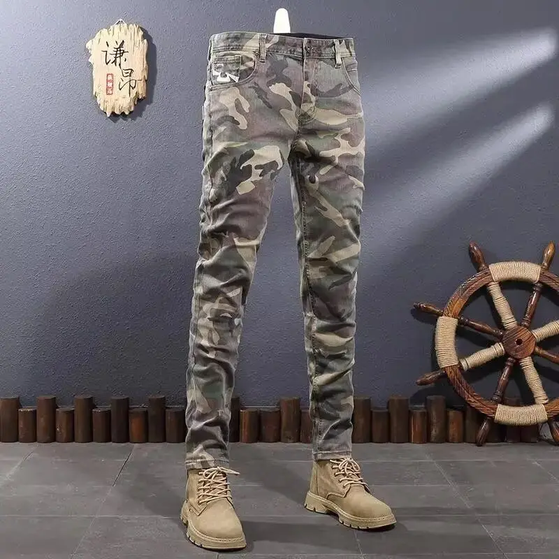 Autumn Youth New Trend Army Green Camouflage Casual Splicing Trousers Jeans Korean Trendy Brand Elastic Slim Fit Cargo Pants Men