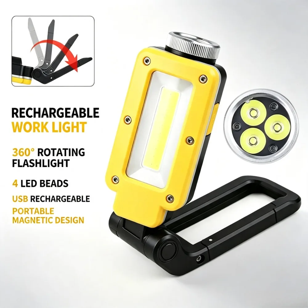 Multifunctional Work Light with Adjustable Magnetic Stand Rechargeable Waterproof Flashlight for Outdoor Camping Vehicle Repair