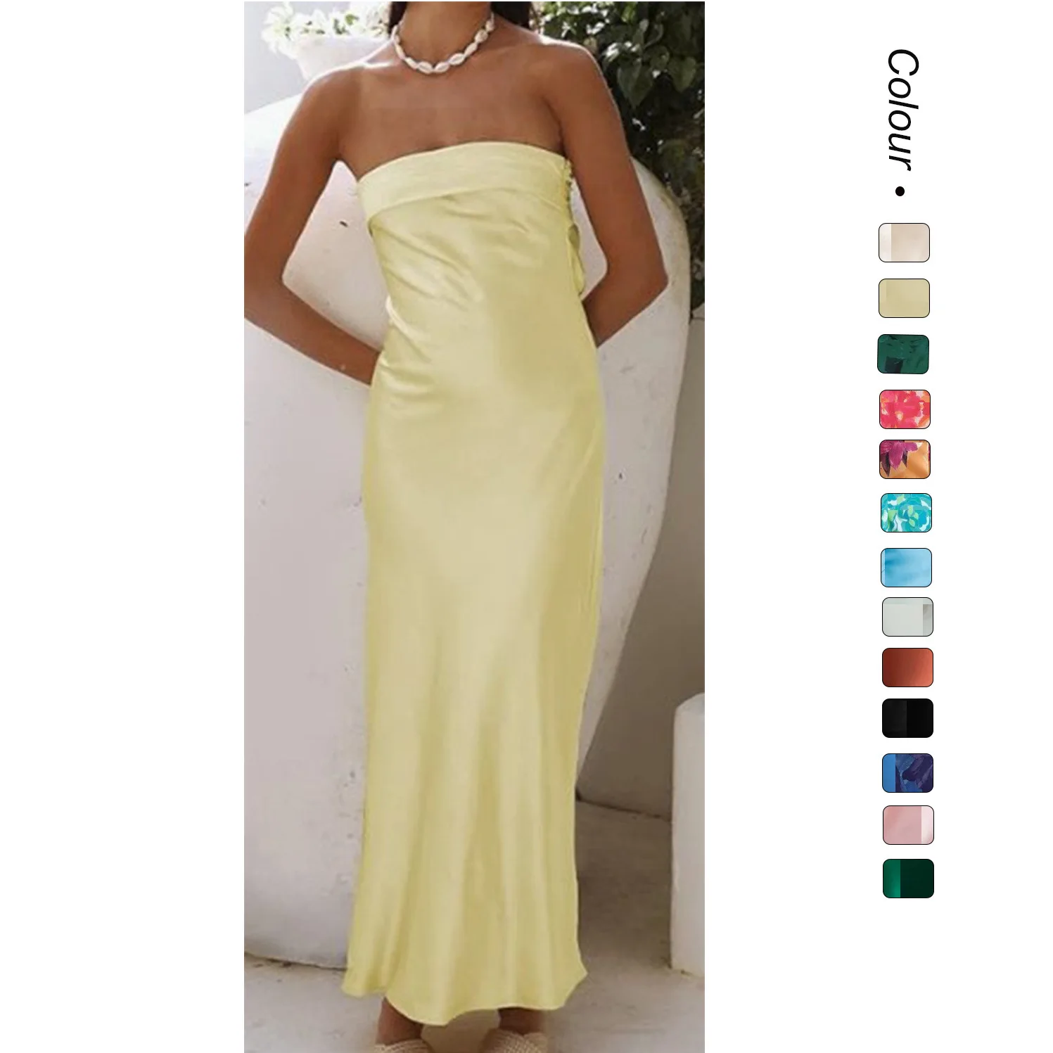 25 Nowa Elegancka Sukienka na Wiosnę/Lato dla Socjeta, Satynowa, z Odkrytymi Plecami, Bez Ramiączek, Długa 23082