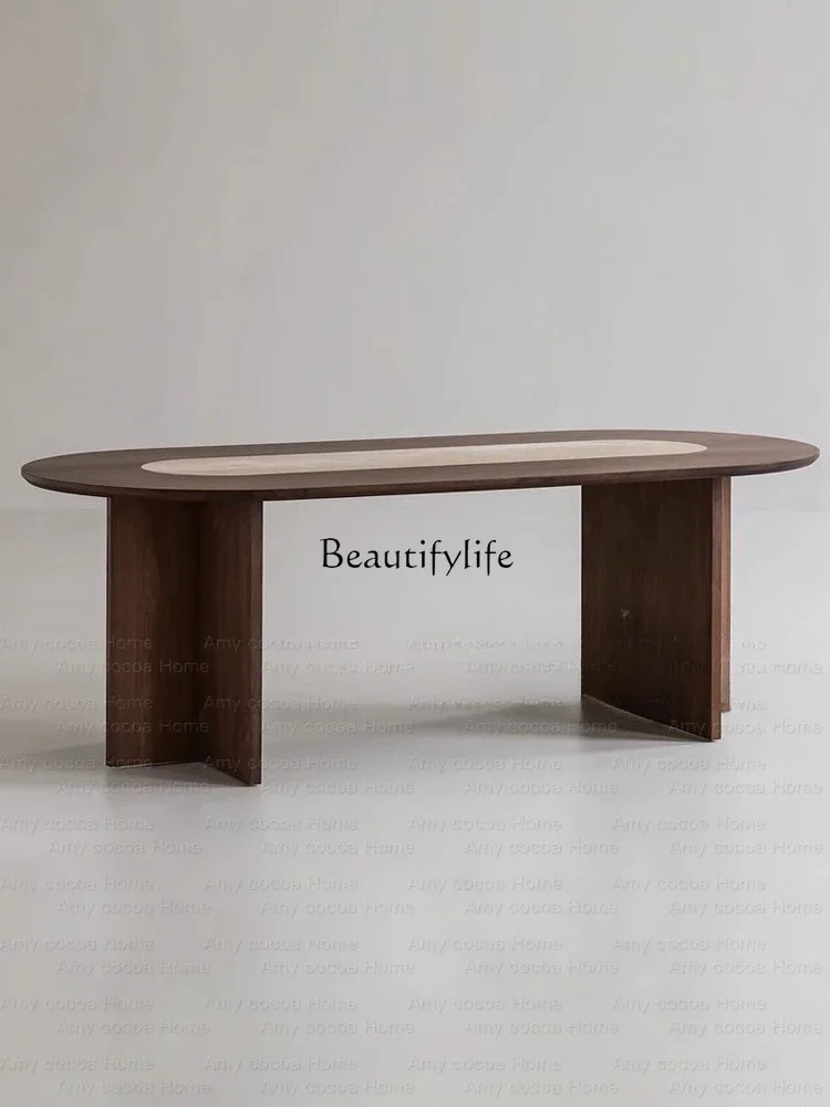 

ls 42*Medieval oval solid wood dining table Household wabi-sabi minimalist retro walnut color travertine dining table