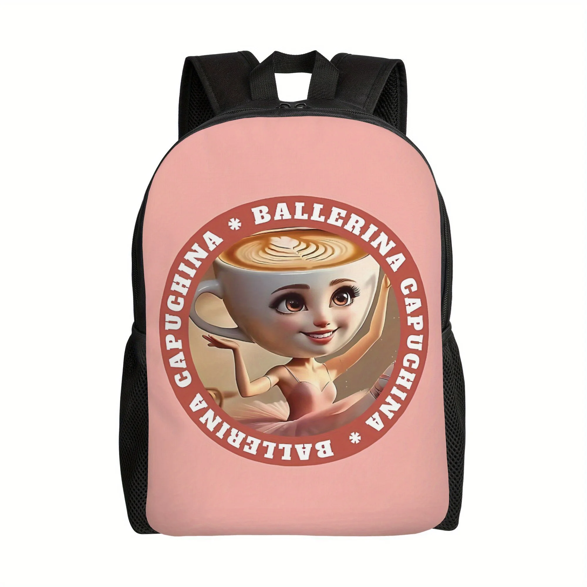 Ballerina Cappuccina Backpack Whimsical Coffee Cup Design, Large Capacity Durable School Bag with Zipper Closure
