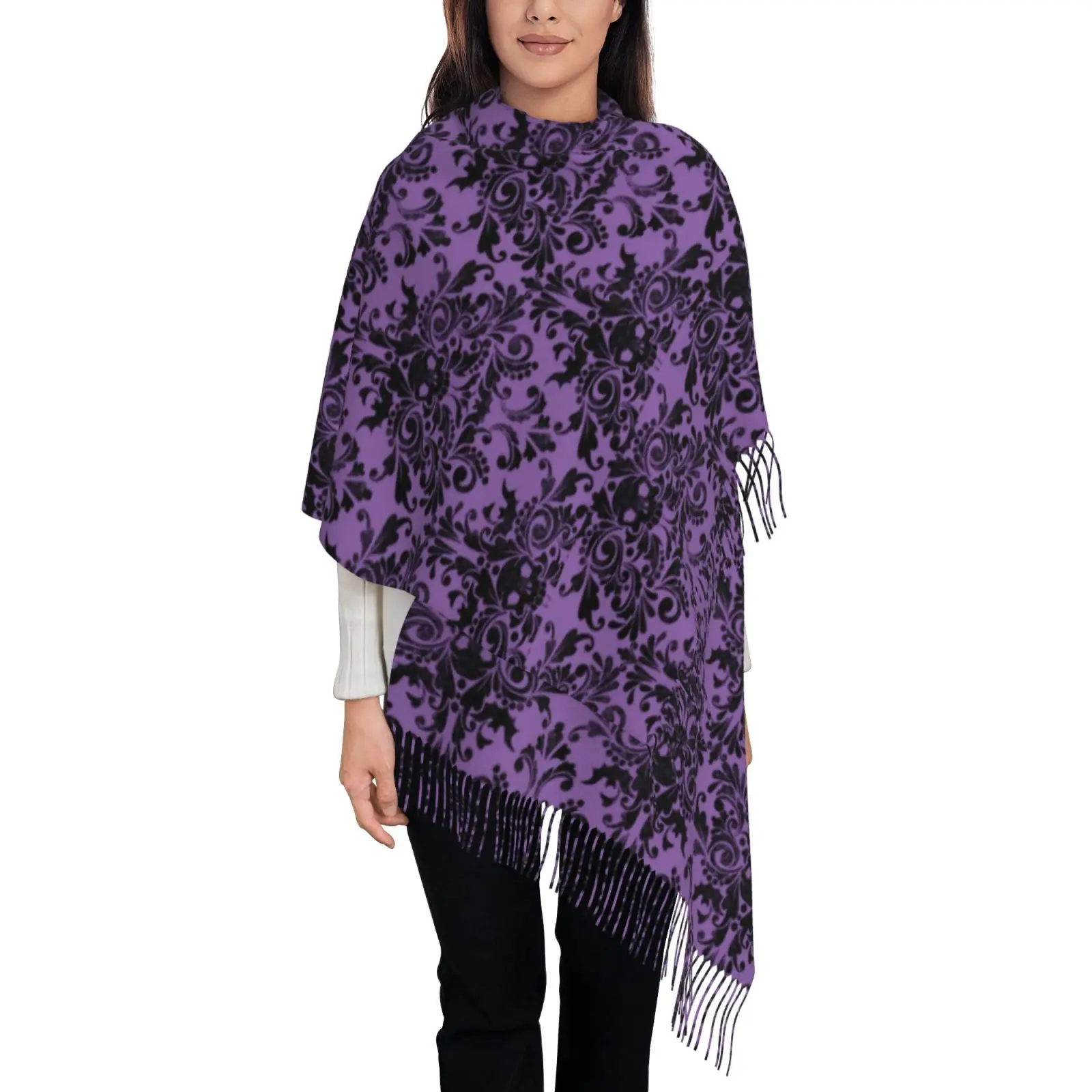 Purple Damask Skull Floral Print Women Shawl Scarf, Vintage Gothic Pattern Tassel Wrap, Soft Warm Oversized Cape