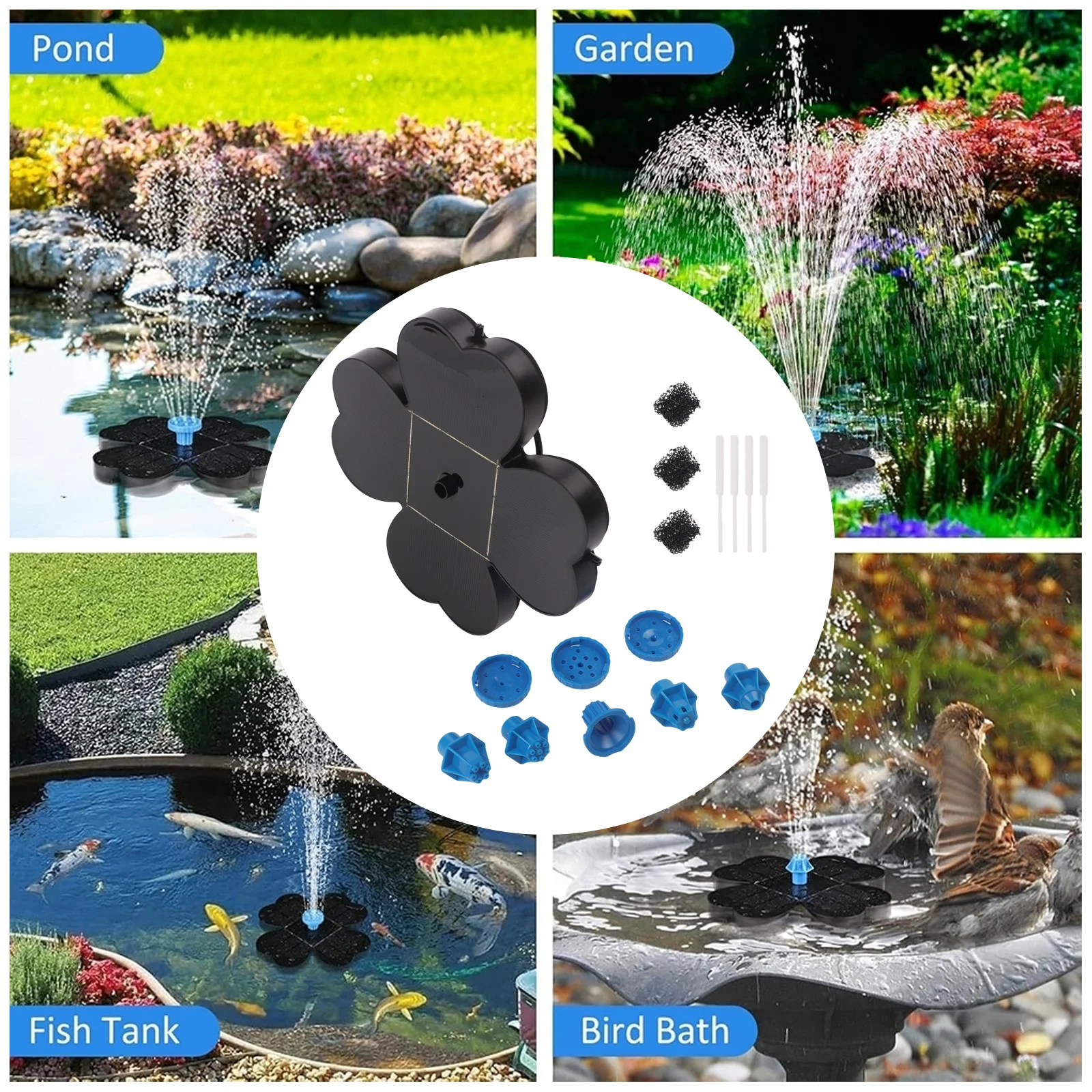 Garden Decoration Floating Fountain Decorative Garden Water Pump 8 Interchangeable Nozzles Built-in Filter System