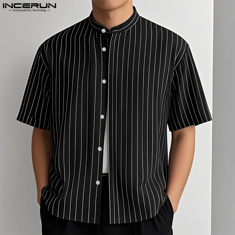 

INCERUN Men Striped Shirt Summer Stand Collar Short Sleeve Casual Men Clothing Streetwear 2025 Fashion Loose Male Shirts S-5XL